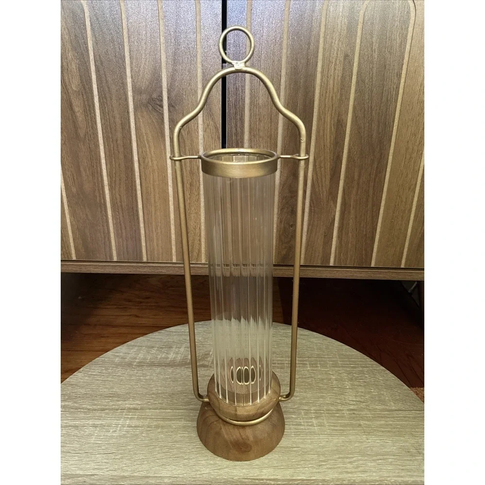 Gold Lantern Taper Candle Holder Wood Base